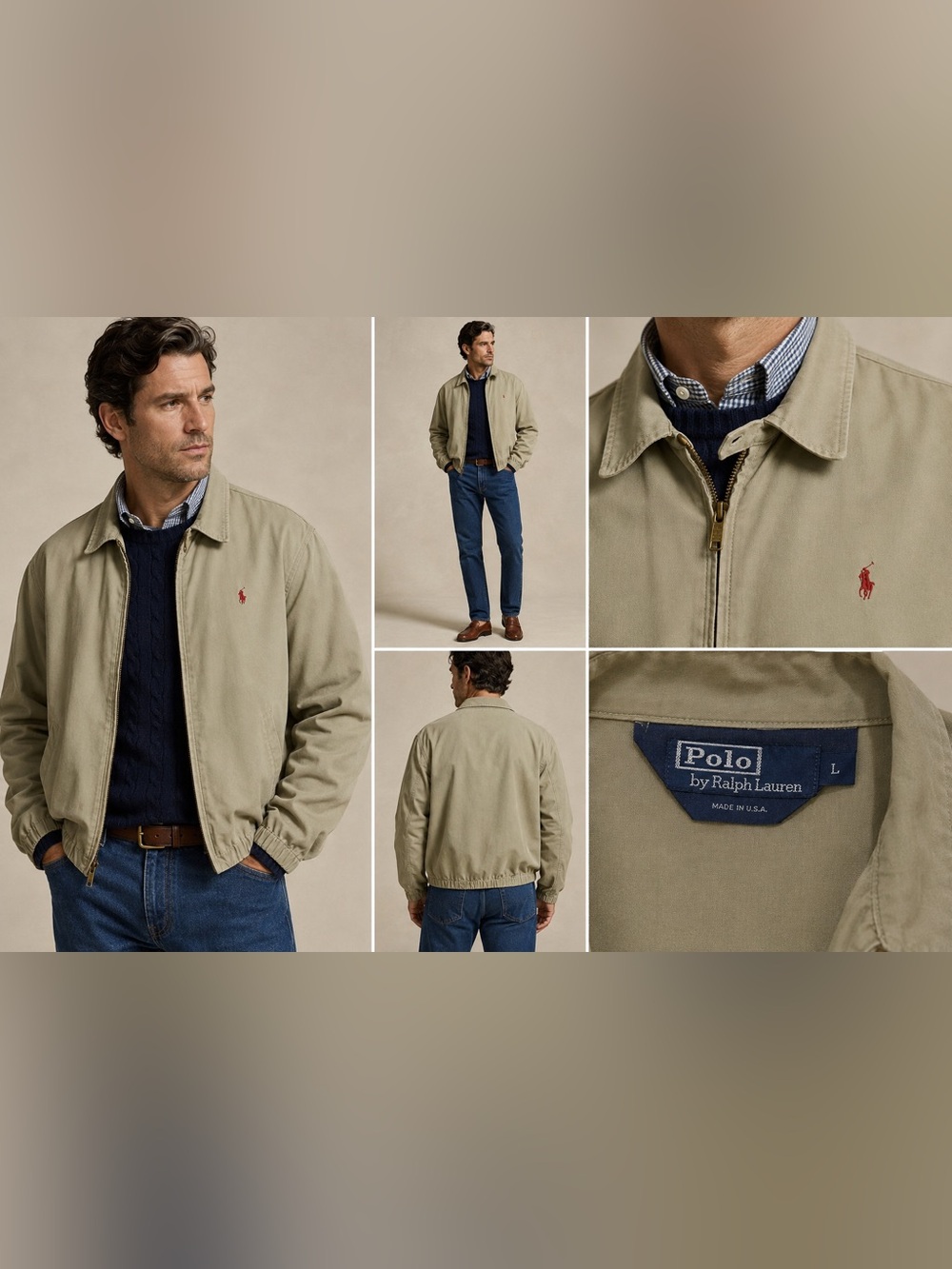 Vintage 90s Polo Ralph Lauren Harrington Jacket Mens L Made in USA Khaki